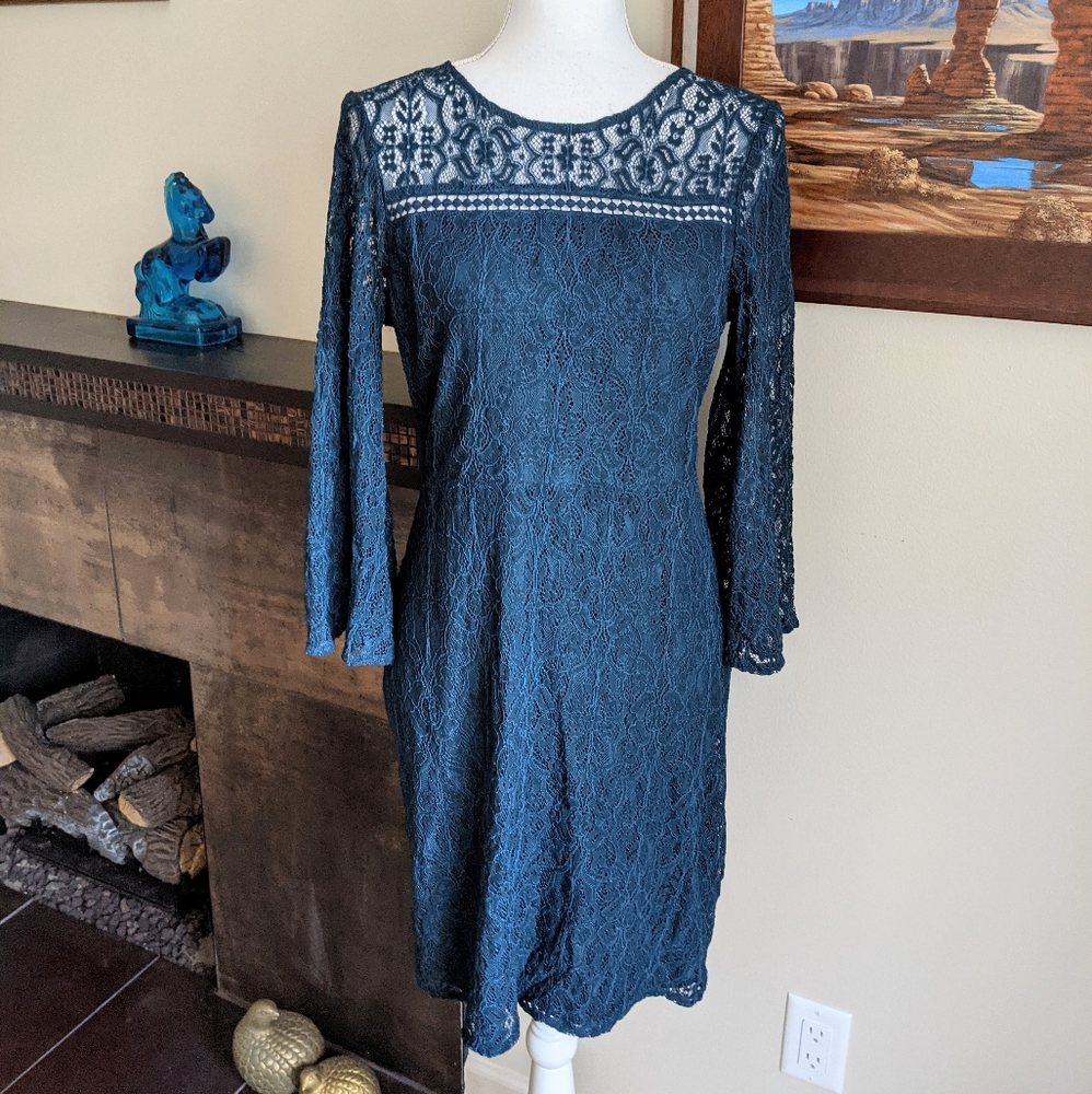 LOFT Ann Taylor Womens Small Lace Dark Teal Bell Sleeve Cocktail Dress Short 159